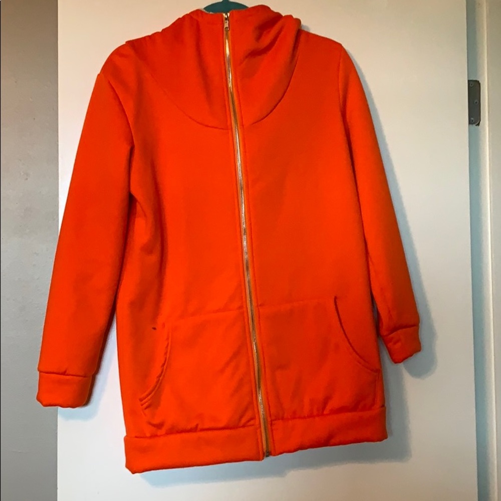 Fuzzy orange high neck zip up with hood
